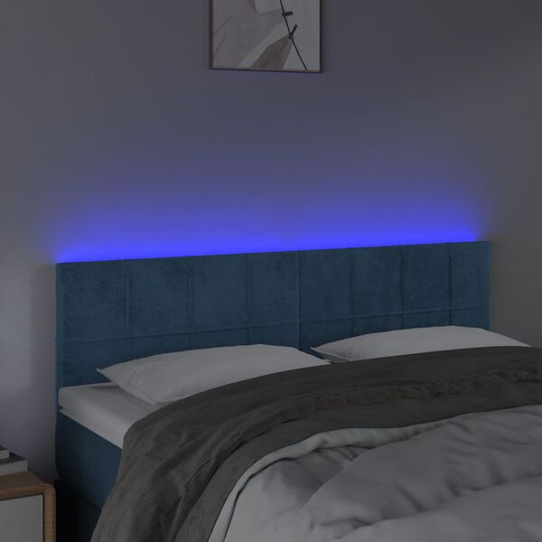 vidaXL Čelo postele s LED tmavě modr&eacute; 144x5x78/88 cm samet