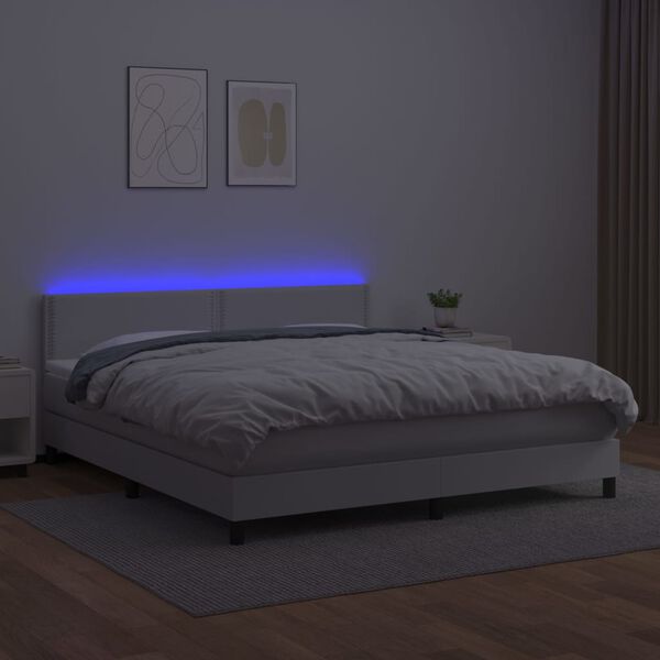 vidaXL Box spring postel s matrac&iacute; a LED b&iacute;l&aacute; 160x200 cm uměl&aacute; kůže