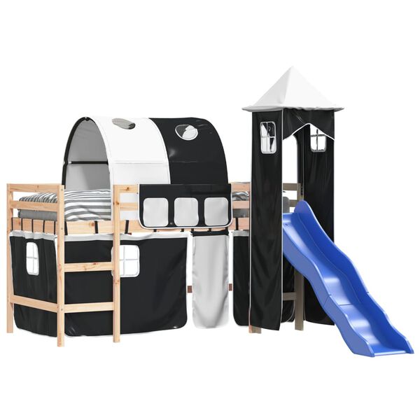 vidaXL Dětsk&aacute; patrov&aacute; postel s věž&iacute; b&iacute;l&aacute; a čern&aacute; 90 x 200 cm borovice