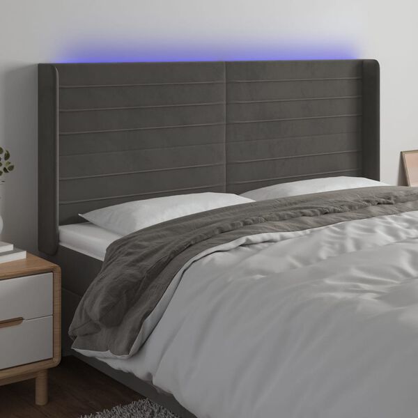 vidaXL Čelo postele s LED tmavě &scaron;ed&eacute; 183 x 16 x 118/128 cm samet