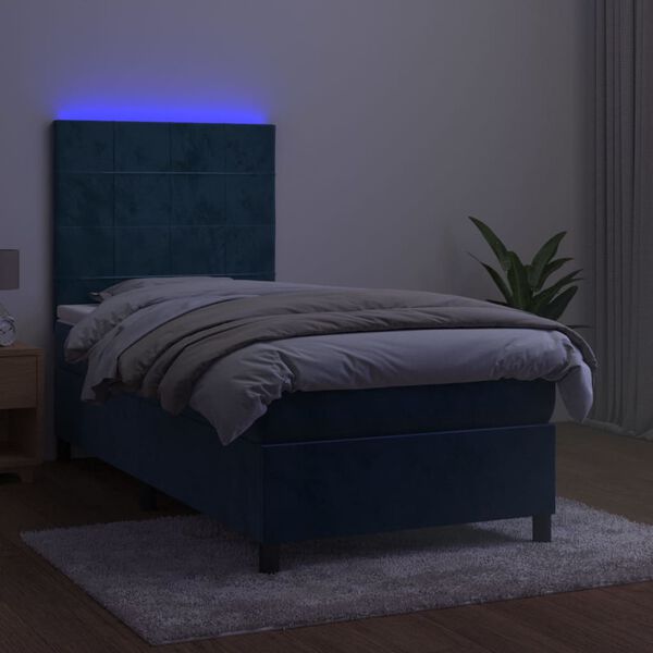 vidaXL Box spring postel s matrac&iacute; a LED tmavě modr&aacute; 90x200 cm samet