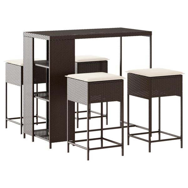 vidaXL 5d&iacute;ln&yacute; zahradn&iacute; barov&yacute; set s podu&scaron;kami hněd&yacute; polyratan