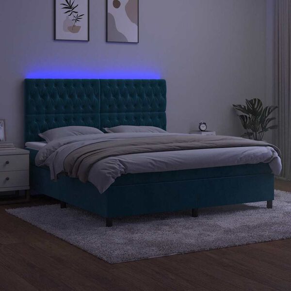 vidaXL Box spring postel s matrac&iacute; a LED tmavě modr&aacute; 160x200 cm samet