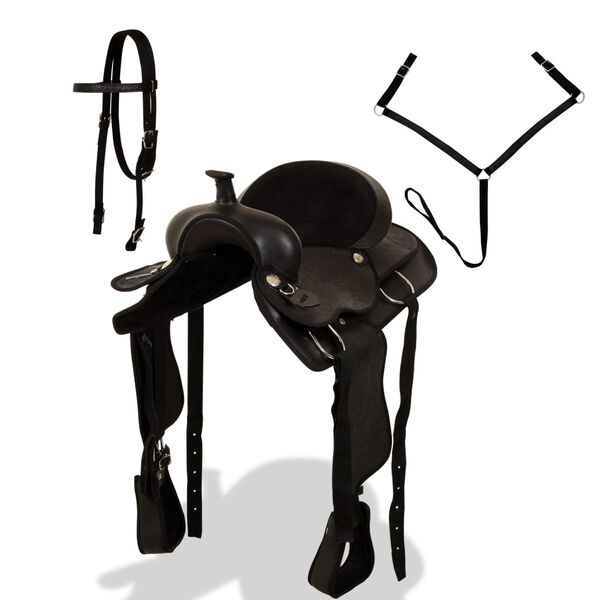vidaXL Westernov&eacute; sedlo pro koně, set, prav&aacute; kůže 16" čern&eacute;