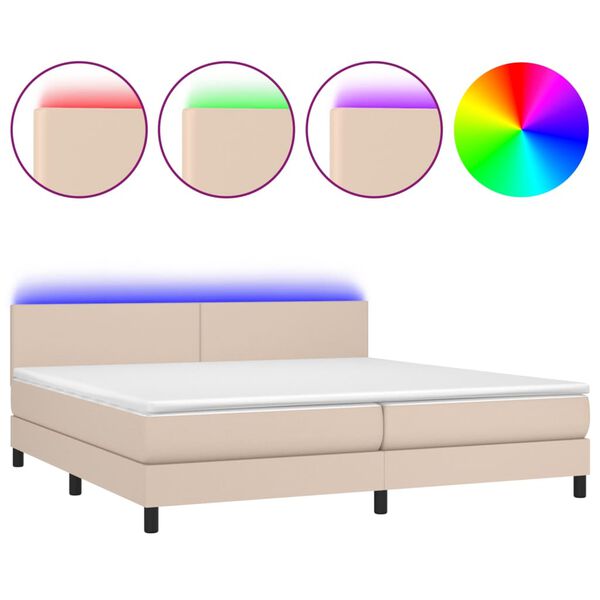vidaXL Box spring postel matrace a LED cappuccino 200x200cm uměl&aacute; kůže