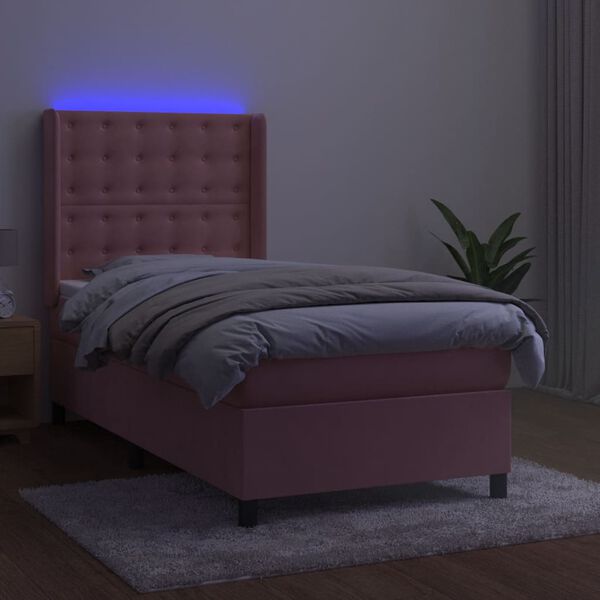 vidaXL Box spring postel s matrac&iacute; a LED růžov&aacute; 90x190 cm samet