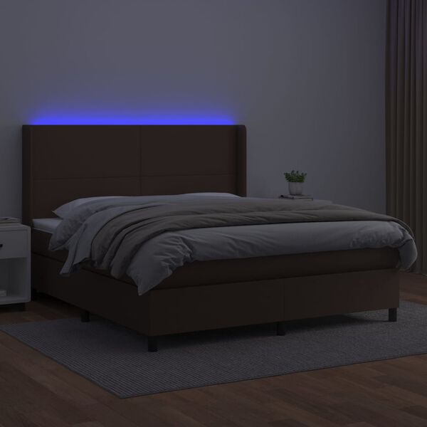 vidaXL Box spring postel s matrac&iacute; a LED hněd&aacute; 180x200 cm uměl&aacute; kůže