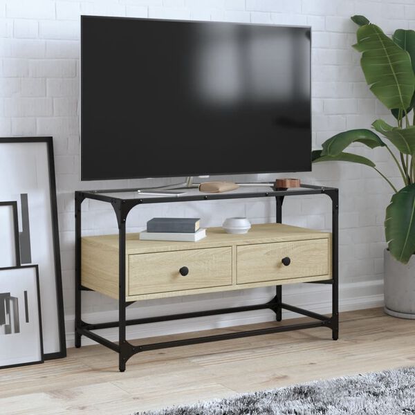 vidaXL TV skř&iacute;ňka se skleněnou deskou dub sonoma 80x35x51 cm kompozit