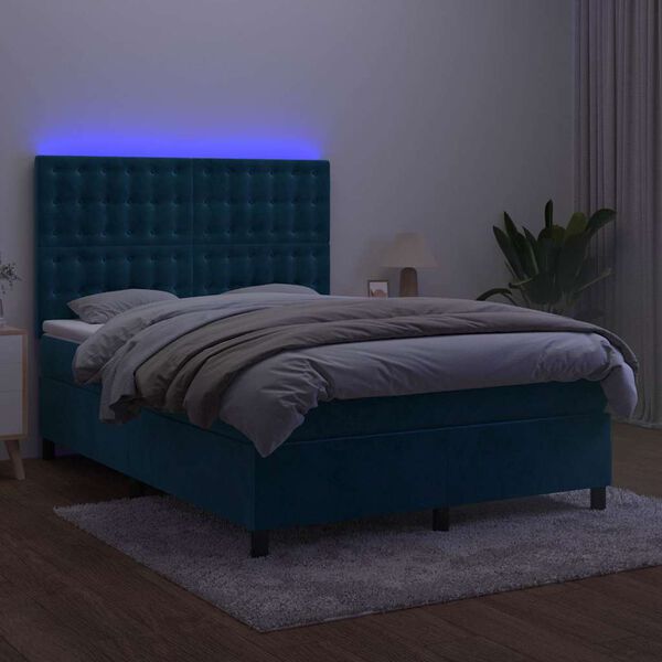 vidaXL Box spring postel s matrac&iacute; a LED tmavě modr&aacute; 140x200 cm samet