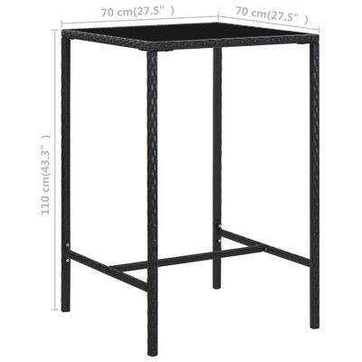vidaXL Zahradní barový stůl černý 70 x 70 x 110 cm polyratan a sklo