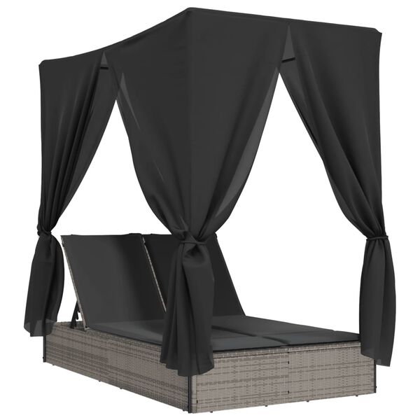 vidaXL Dvojité lehátko se střechou a závěsy šedé polyratan