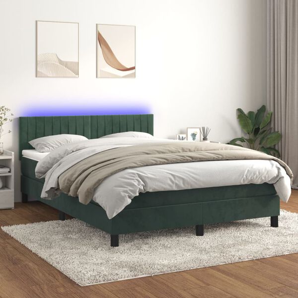 vidaXL Box spring postel s matrac&iacute; a LED tmavě zelen&aacute; 140x190 cm samet