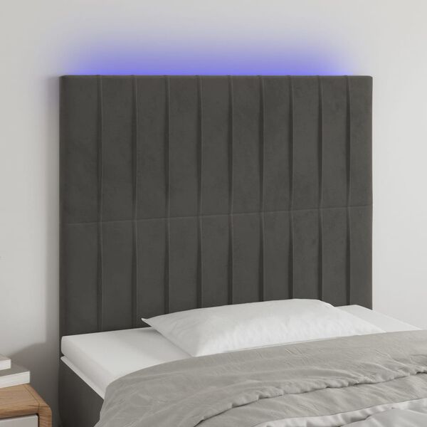 vidaXL Čelo postele s LED tmavě &scaron;ed&eacute; 90x5x118/128 cm samet
