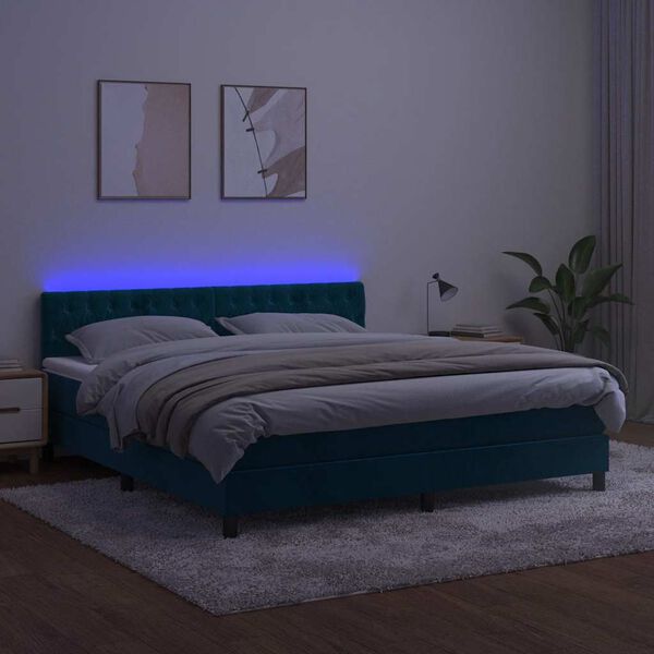 vidaXL Box spring postel s matrac&iacute; a LED tmavě modr&aacute; 160x200 cm samet