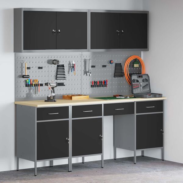 vidaXL Pracovn&iacute; skř&iacute;ň se z&aacute;suvkou 10 pcs Čern&aacute; Inžen&yacute;rsk&eacute; dřevo a ocel