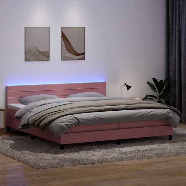 vidaXL Box spring postel s matrac&iacute; a LED růžov&aacute; 180x210 cm samet