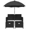vidaXL Zahradní pohovka 2místná slunečník a taburety černá polyratan