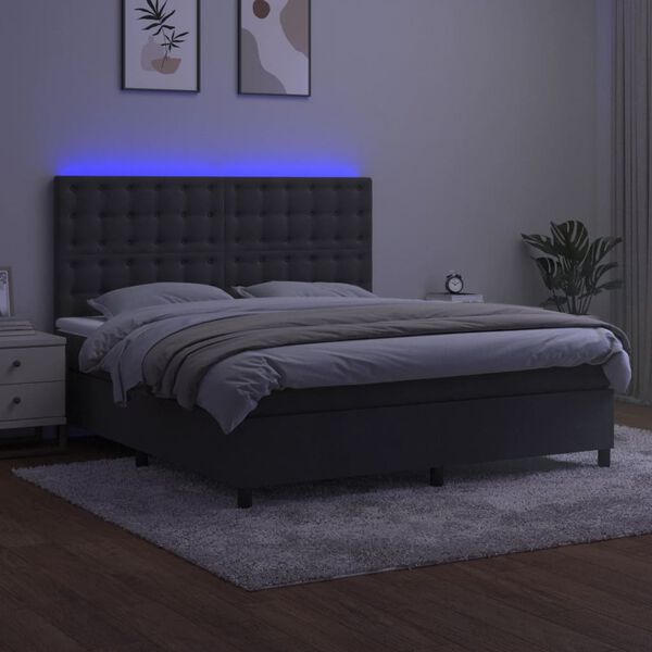 vidaXL Box spring postel s matrac&iacute; a LED tmavě &scaron;ed&aacute; 180x200 cm samet