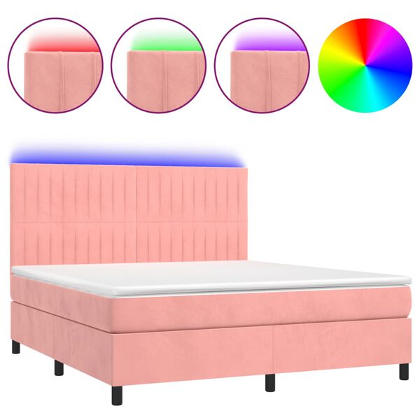 vidaXL Box spring postel s matrac&iacute; a LED růžov&aacute; 160x200 cm samet
