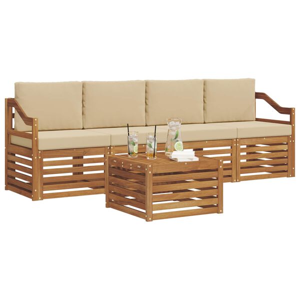 vidaXL Sedac&iacute; soupravy 5 pcs Př&iacute;rodn&iacute; a b&eacute;žov&aacute; Masivn&iacute; ak&aacute;tov&eacute; dřevo