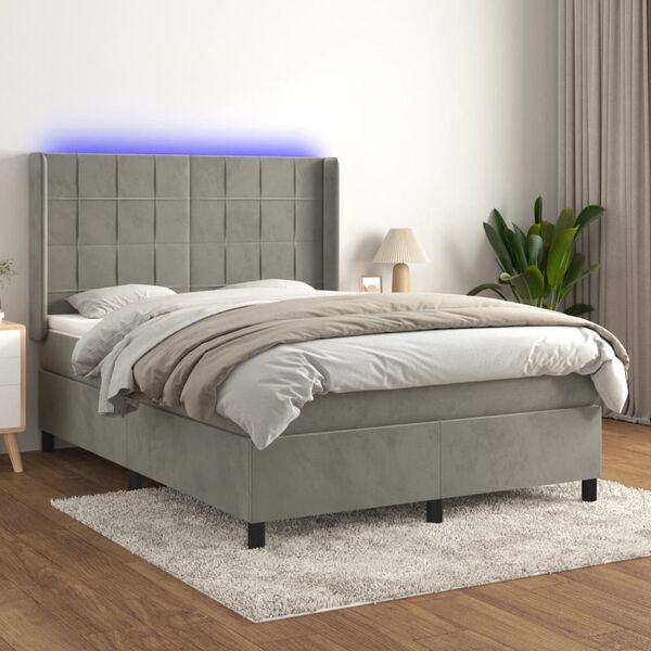 vidaXL Box spring postel s matrac&iacute; a LED světle &scaron;ed&aacute; 140x200 cm samet