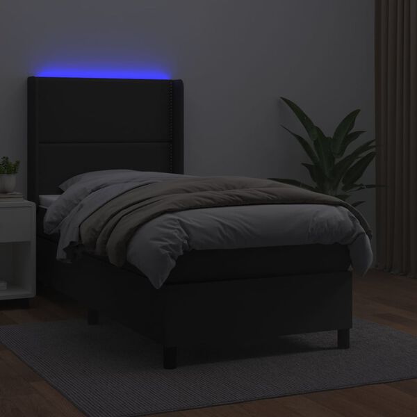 vidaXL Box spring postel s matrac&iacute; a LED čern&aacute; 90x190 cm uměl&aacute; kůže