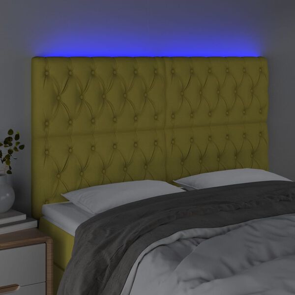 vidaXL Čelo postele s LED zelen&eacute; 144x7x118/128 cm textil