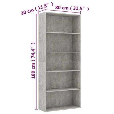 vidaXL 5patrová knihovna betonově šedá 80 x 30 x 189 cm dřevotříska