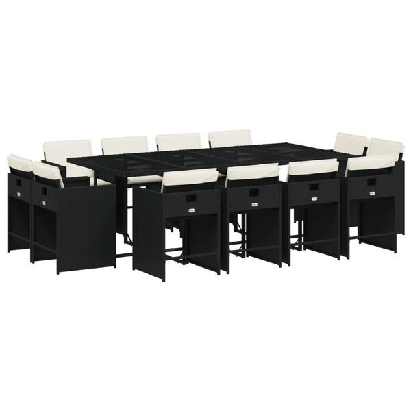 vidaXL 13d&iacute;ln&yacute; zahradn&iacute; j&iacute;deln&iacute; set s podu&scaron;kami čern&yacute; polyratan