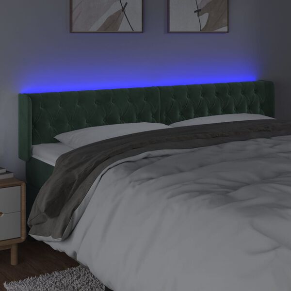 vidaXL Čelo postele s LED tmavě zelen&eacute; 183 x 16 x 78/88 cm samet