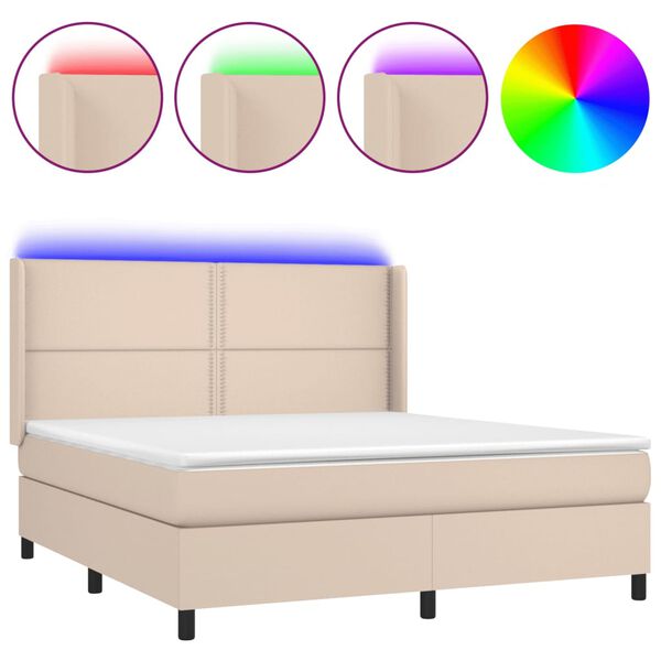 vidaXL Box spring postel matrace a LED cappuccino 180x200cm uměl&aacute; kůže