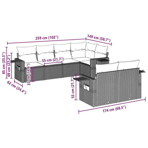 vidaXL 7d&iacute;ln&aacute; zahradn&iacute; sedac&iacute; souprava a podu&scaron;ky světle &scaron;ed&aacute; polyratan