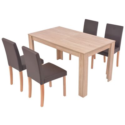 vidaXL 5dílná sada jídelního stolu a židlí, umělá kůže a dub, hnědá