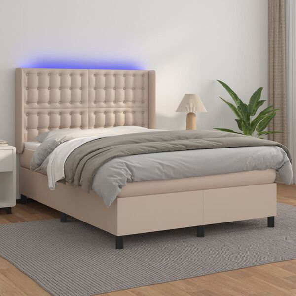 vidaXL Box spring postel matrace a LED cappuccino 140x200cm uměl&aacute; kůže