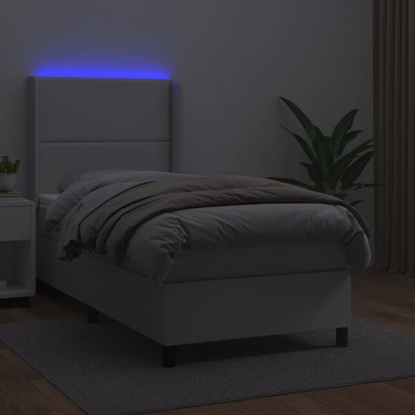 vidaXL Box spring postel s matrac&iacute; a LED b&iacute;l&aacute; 80 x 200 cm uměl&aacute; kůže