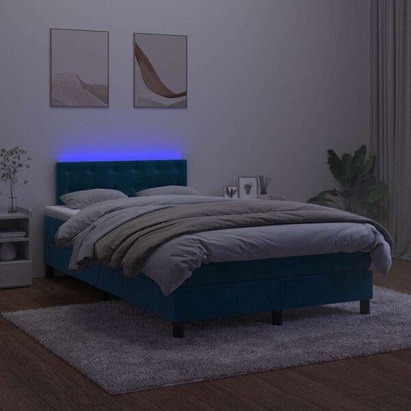 vidaXL Box spring postel s matrac&iacute; a LED tmavě modr&aacute; 120x200 cm samet