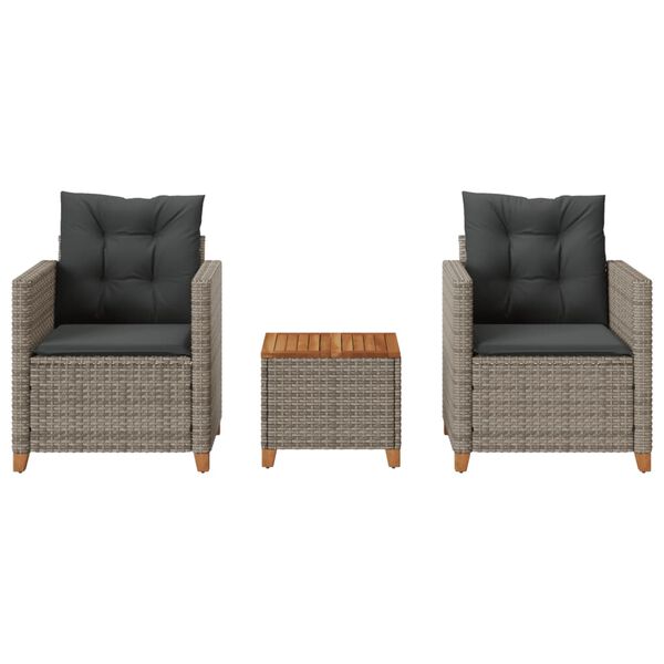 vidaXL 3dílný bistro set s poduškami šedý polyratan akáciové dřevo