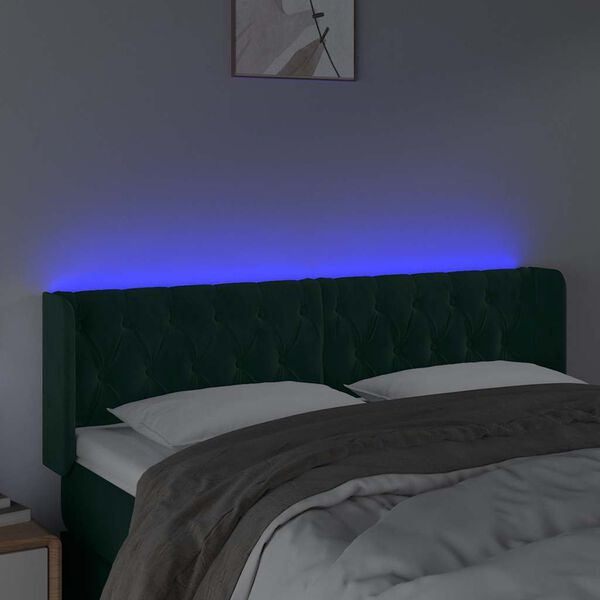 vidaXL Čelo postele s LED tmavě zelen&eacute; 147 x 16 x 78/88 cm samet