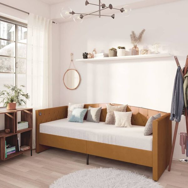 vidaXL V&aacute;lenda s matrac&iacute; a USB hněd&aacute; samet 90 x 200 cm