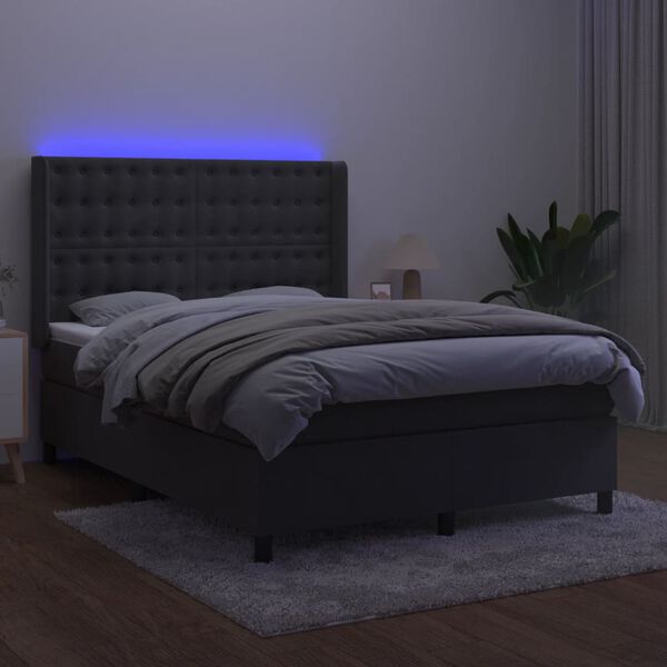 vidaXL Box spring postel s matrac&iacute; a LED tmavě &scaron;ed&aacute; 140x190 cm samet