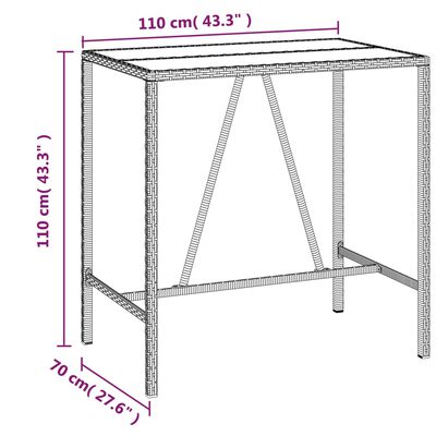 vidaXL Barový stůl se skleněnou deskou šedý 110x70x110 cm polyratan