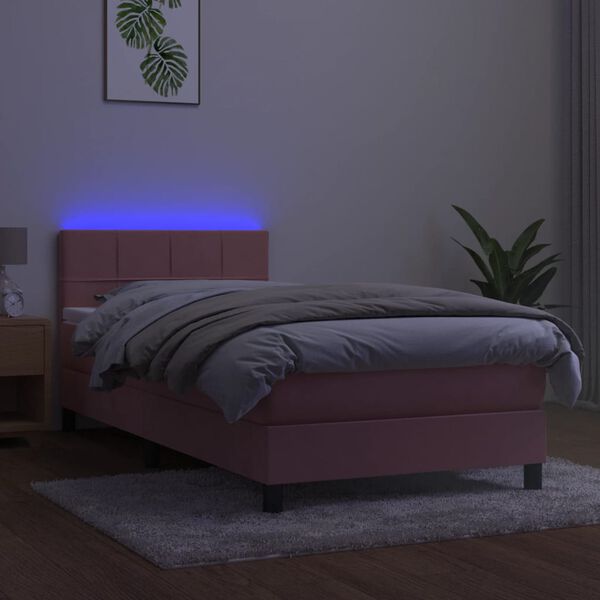vidaXL Box spring postel s matrac&iacute; a LED růžov&aacute; 90x200 cm samet
