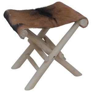 vidaXL Skl&aacute;dac&iacute; stolička koz&iacute; kůže a masivn&iacute; teak