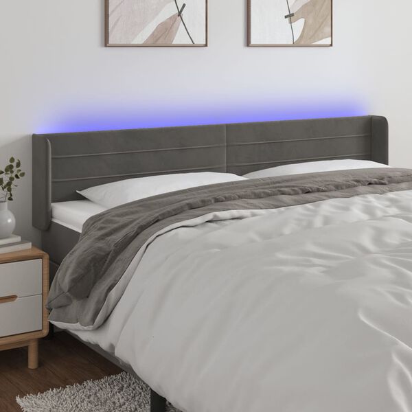 vidaXL Čelo postele s LED tmavě &scaron;ed&eacute; 183 x 16 x 78/88 cm samet