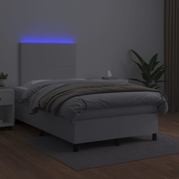 vidaXL Box spring postel s matrac&iacute; a LED b&iacute;l&aacute; 120x200 cm uměl&aacute; kůže