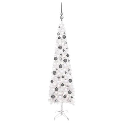 vidaXL Úzký vánoční stromek s LED a sadou koulí bílý 120 cm PVC