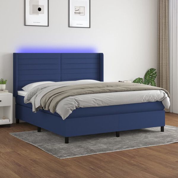 vidaXL Box spring postel s matrac&iacute; a LED modr&aacute; 180x200 cm textil