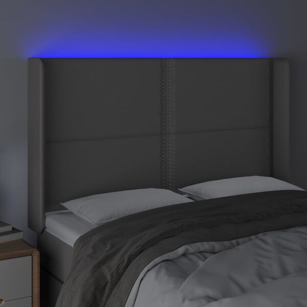 vidaXL Čelo postele s LED &scaron;ed&eacute; 147 x 16 x 118/128 cm uměl&aacute; kůže