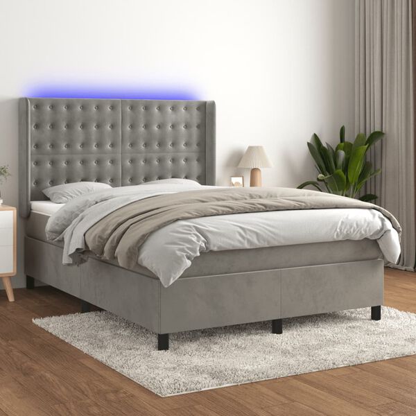 vidaXL Box spring postel s matrac&iacute; a LED světle &scaron;ed&aacute; 140x190 cm samet