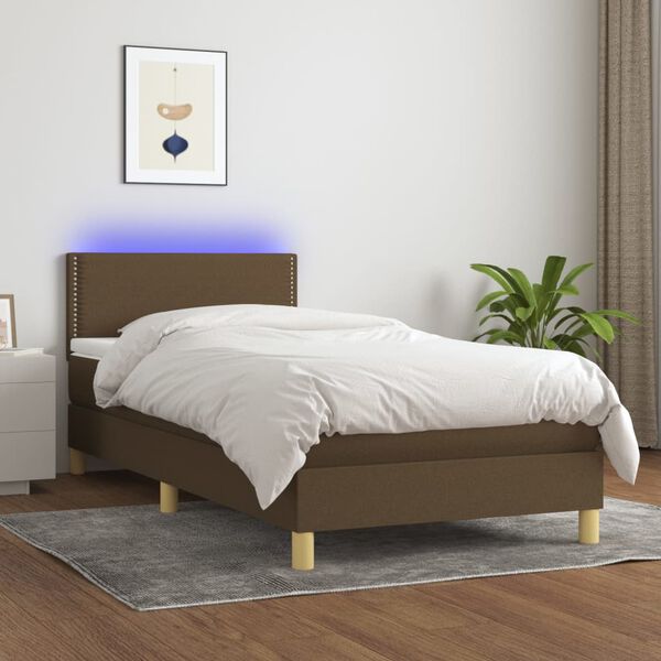 vidaXL Box spring postel s matrac&iacute; a LED tmavě hněd&aacute; 90x190 cm textil